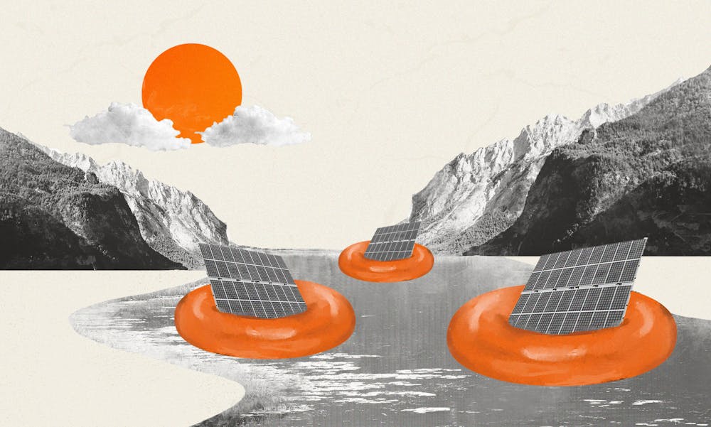 Flere asiatiske lande tager vandafløb, kanaler og floder i brug til solcellepaneler. Grafik: Emma Louise Svane.